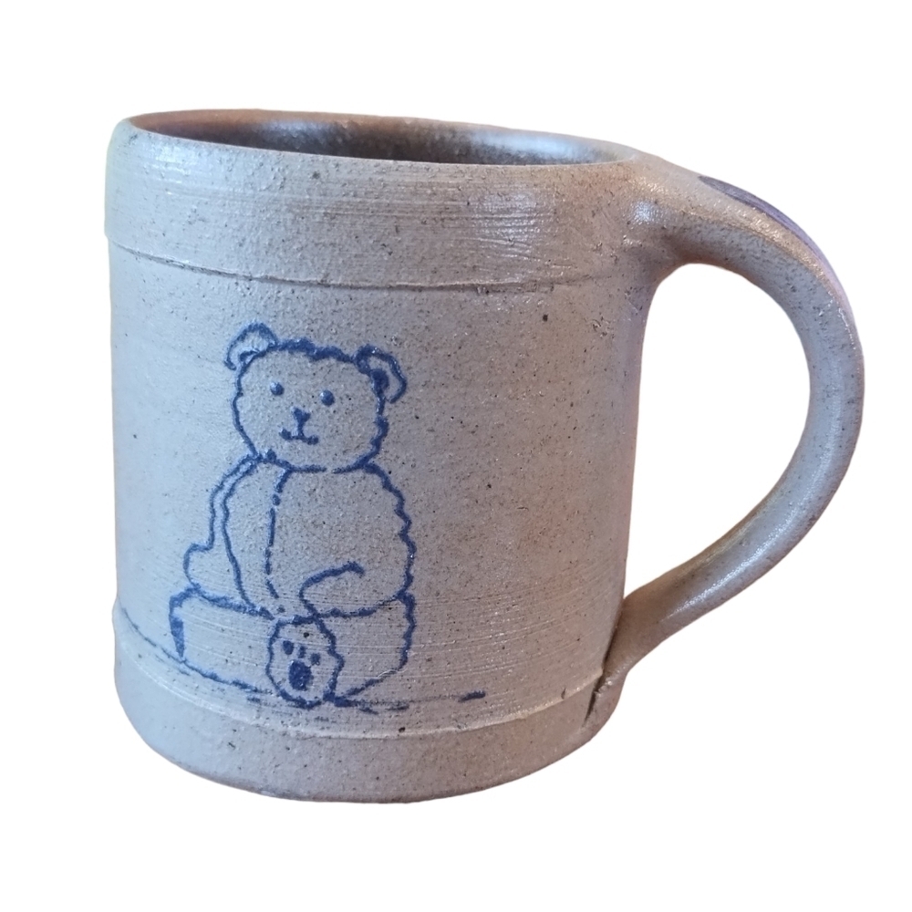 Rowe Pottery Works Coffee Mug Hand Painted Teddy Bear Gray Salt Glazed 90s